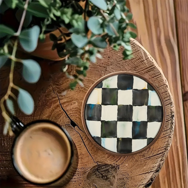 6 Round Wooden Coasters | Black and White Checkerboard Design, 2D Flat, 4 Inch, Coffee and Hot Drink Coasters, Kitchen Additions, Home Table Protectors, Best Housewarming Gift