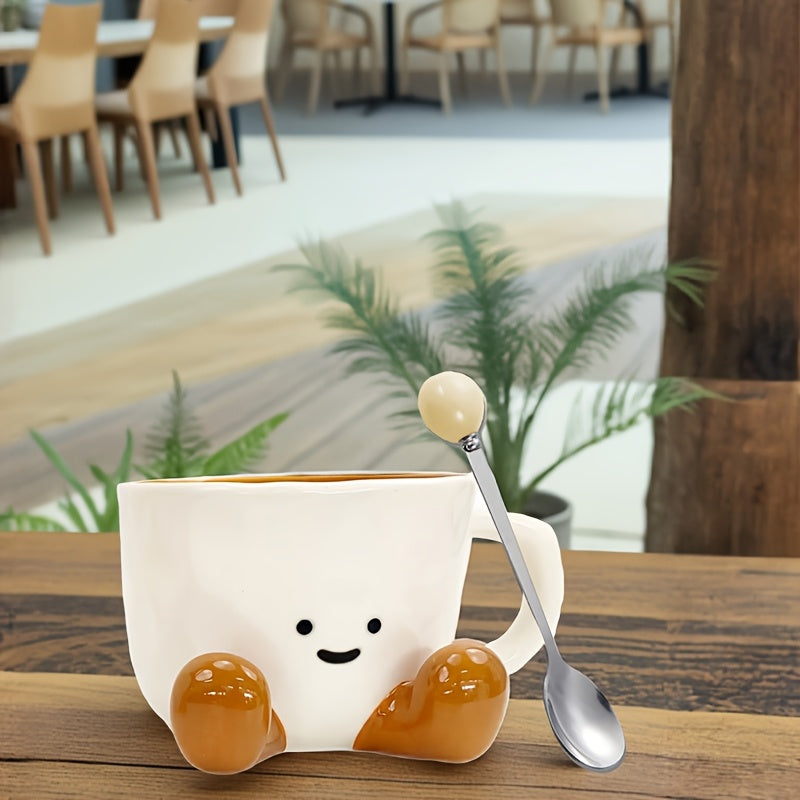 1pc 11.83oz Cute Little Feet Ceramic Cup with Spoon, Underglaze Cartoon Mug Water Cup Office Breakfast Cup, Suitable for Office, Home, Outdoor Picnic