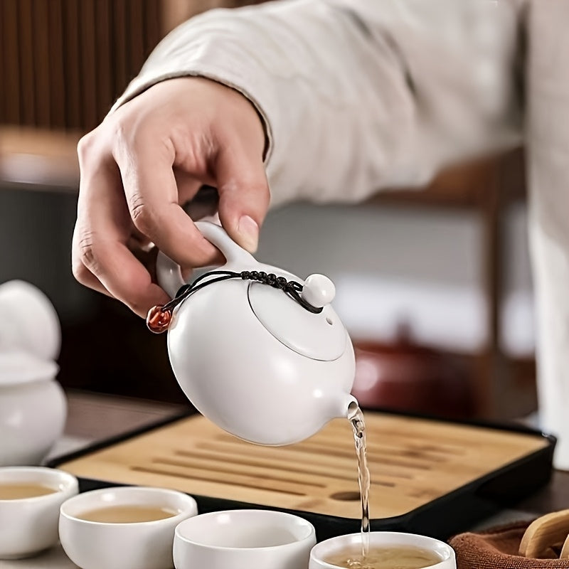 5pcs White Porcelain Travel Tea Set with Xishi Pot & 4 Cups - Portable Tea Service for Outdoor, Tea Parties, Camping, Picnics - Elegant Mini Tea Ceremony Kit, Compact Tea Gift Set for Tea Lovers & Chinese Tea Culture Enthus