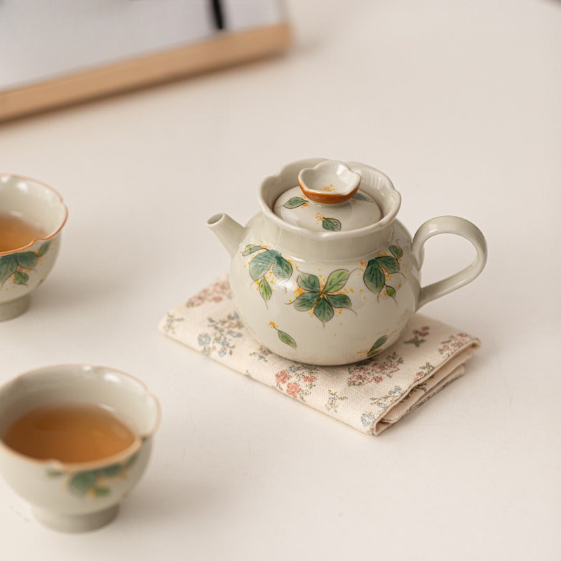 Hand Painted Osmanthus Ceramic Kung Fu Tea Set | One Pot, Two Cups, Storage Bag, Household Teapot, Teacup, Outdoor Quick Guest Cup Set, Portable
