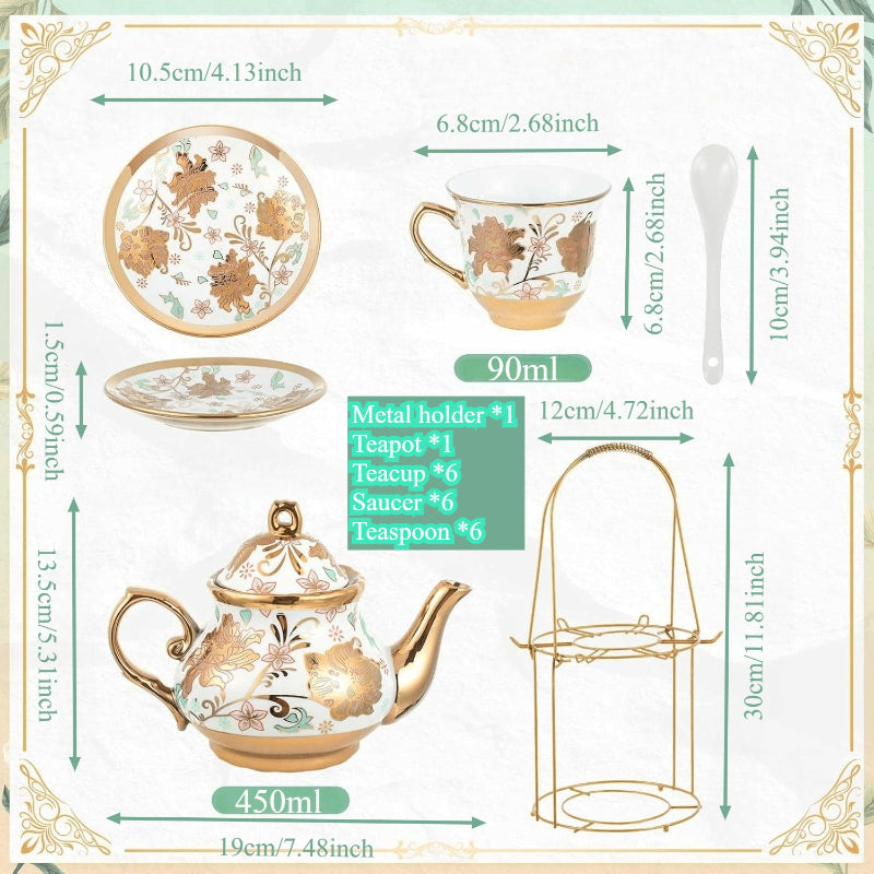 20pcs Porcelain Floral Espresso Tea Set | European Ceramic Turkish Coffee Cup and Saucers with Metal Holder and Teapot, Luxury Arabic Ceramic Tea Cups for Espresso, Cappuccino, Latte, Mocha | Ideal for Afternoon Tea and Gift, Brand: LDQ