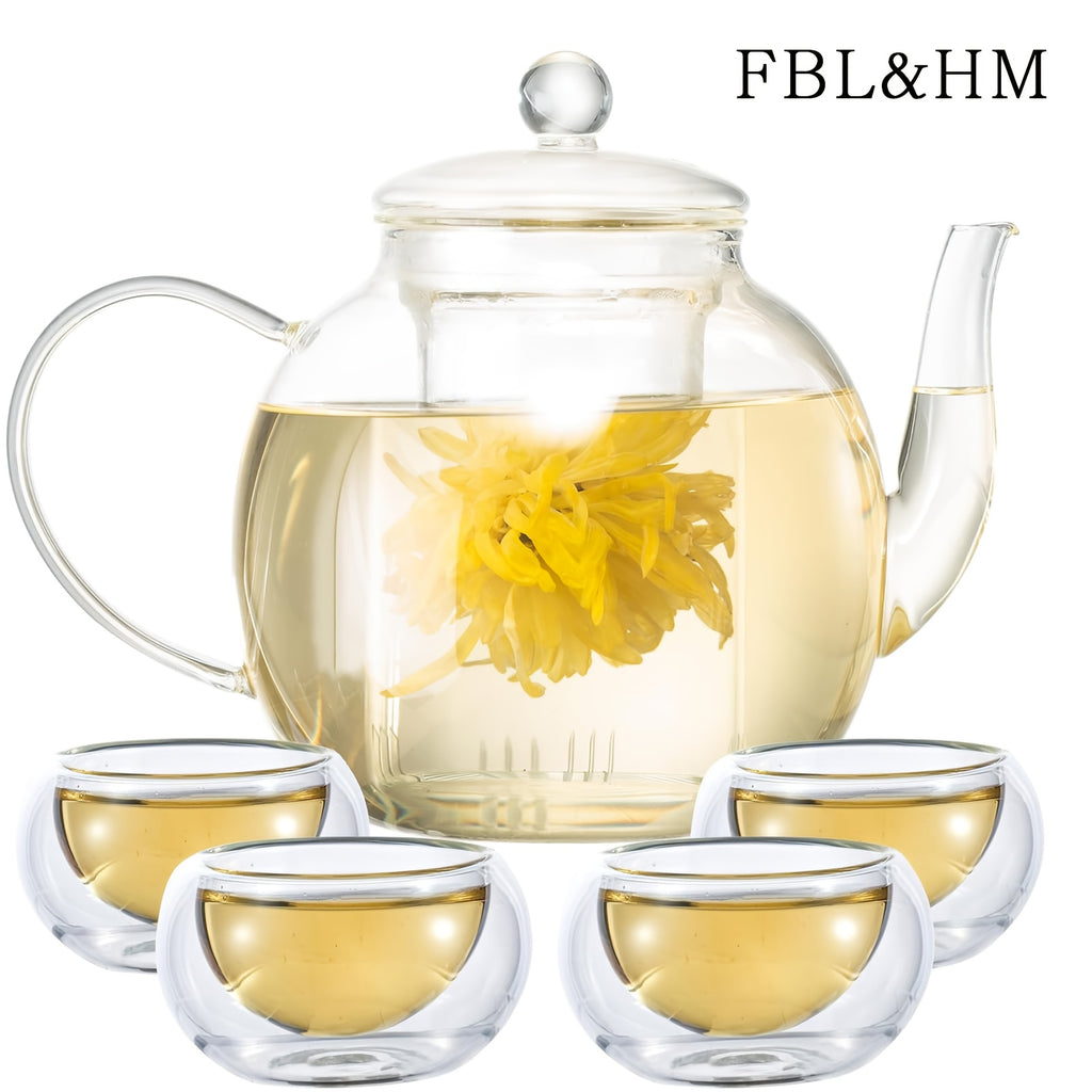 FBL&HM 1500ml\u002F50oz Glass Teapot with 4 Insulated Glass Teacups And Tea Infuser for Loose Leaf Tea, Microwave Dishwasher Safe Tea Sets for Adults, Lead-free Tea Maker, Mothers Day Gifts