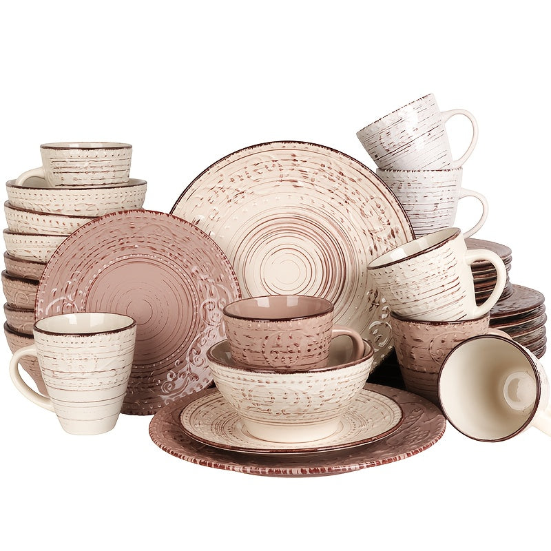 Zenora 16\u002F32pcs Ceramic Dinnerware Collection, Featuring Embossed Contemporary White Porcelain Plates And Bowls Suitable for Meals And Desserts. Safe for Microwave, Dishwasher, And Oven Use, This Durable Tableware Is Perfect for Home Kitchens