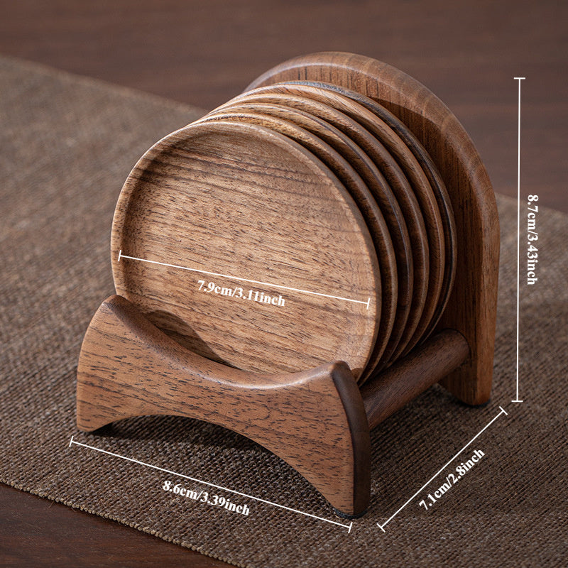 6pcs Black Walnut Wood Coaster Set with Stand, Heat-Resistant Coasters And Cup Holder, Handcrafted Natural Texture Coasters with Stand, Suitable for Coffee Table Decoration And Essential for Home Bars