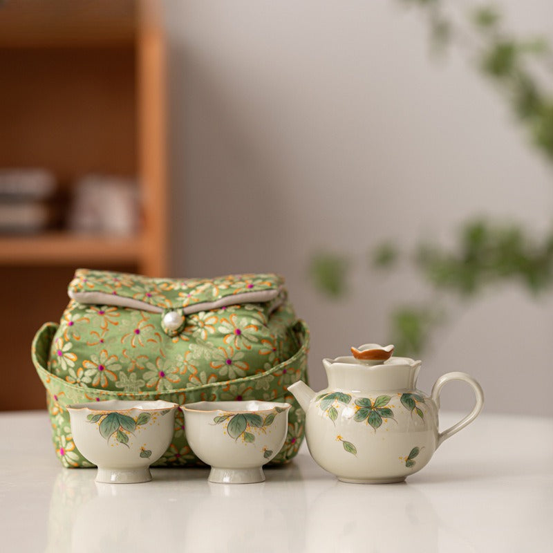 Hand Painted Osmanthus Ceramic Kung Fu Tea Set | One Pot, Two Cups, Storage Bag, Household Teapot, Teacup, Outdoor Quick Guest Cup Set, Portable