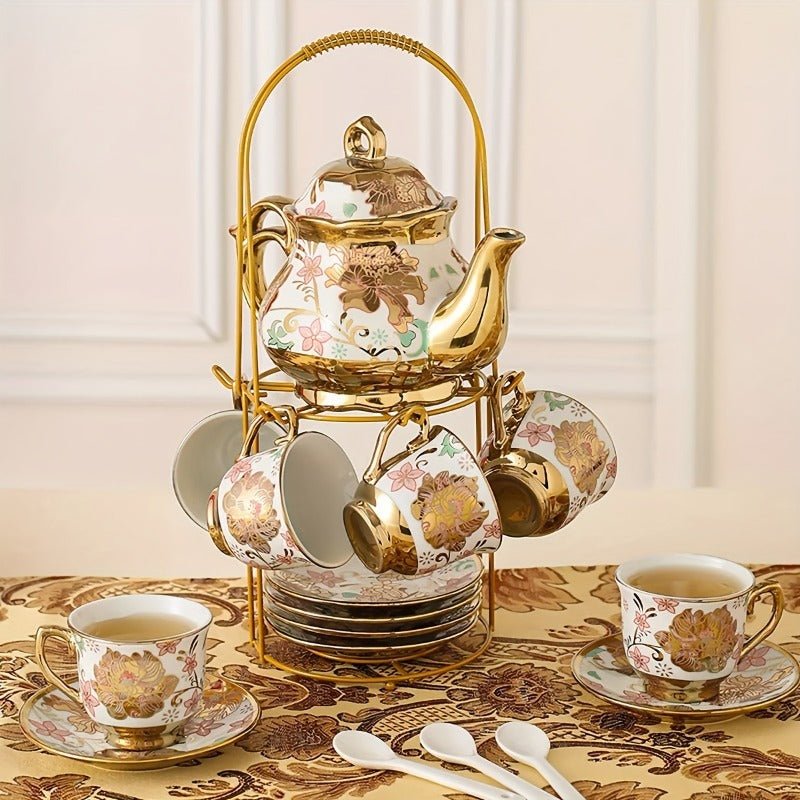 20pcs Porcelain Floral Espresso Tea Set | European Ceramic Turkish Coffee Cup and Saucers with Metal Holder and Teapot, Luxury Arabic Ceramic Tea Cups for Espresso, Cappuccino, Latte, Mocha | Ideal for Afternoon Tea and Gift, Brand: LDQ