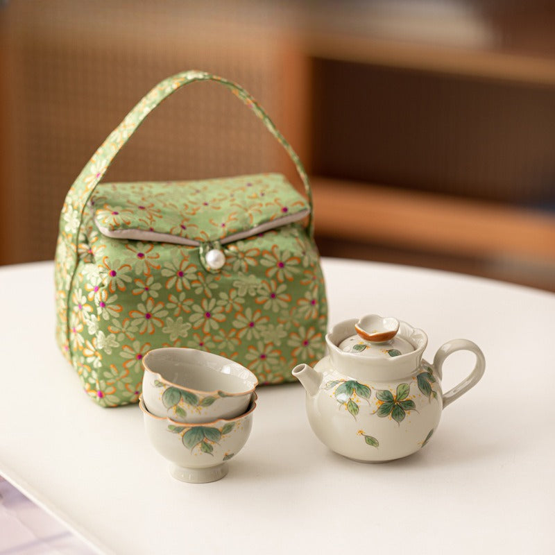 Hand Painted Osmanthus Ceramic Kung Fu Tea Set | One Pot, Two Cups, Storage Bag, Household Teapot, Teacup, Outdoor Quick Guest Cup Set, Portable
