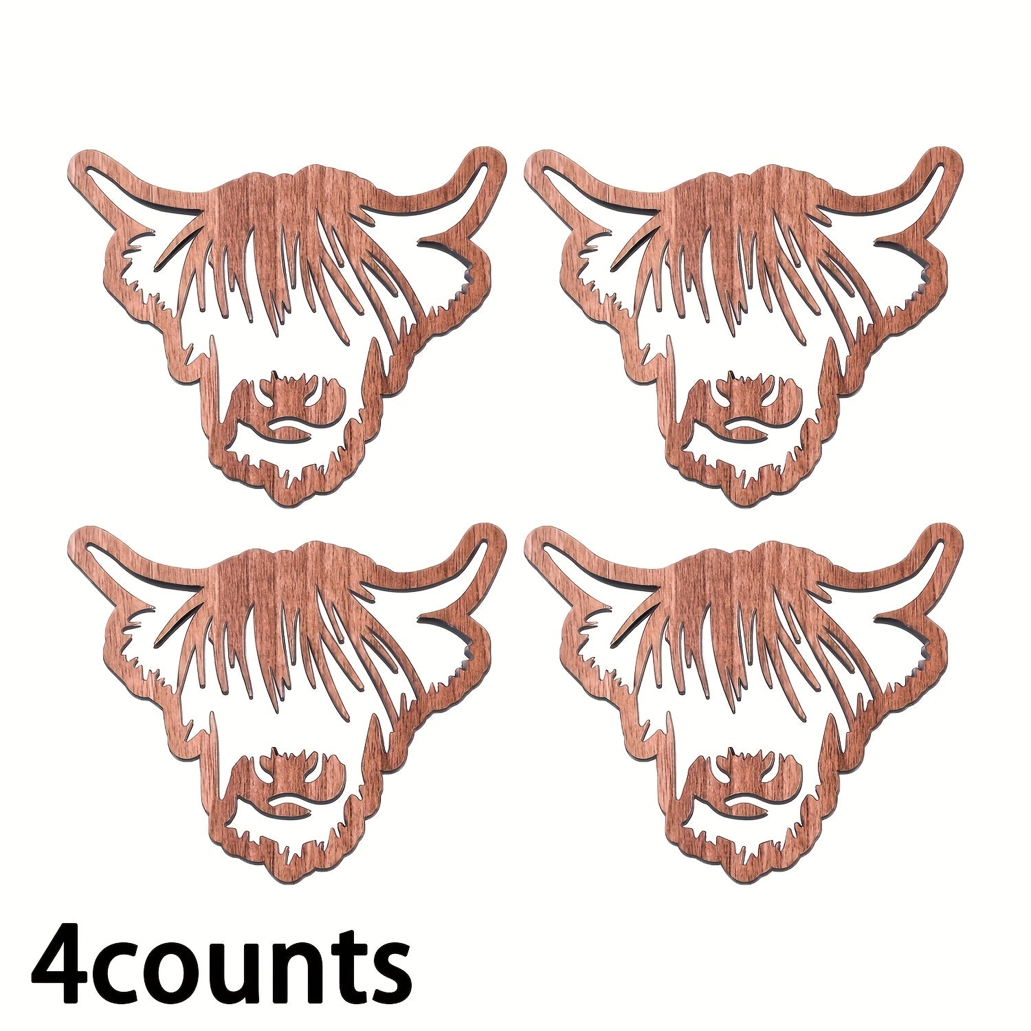 4pcs of Highland Beef Wooden Coasters, Hollow Heat- Mats, Non-slip Desktop Mats, Suitable for Room Decoration, Homemade Kitchen Accessories, a Must for Families, Wedding Party Decoration