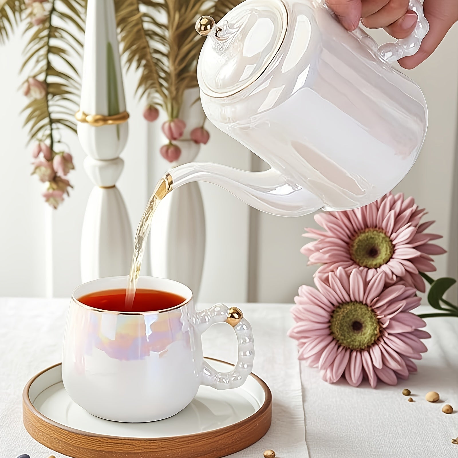 Full Porcelain Tea Service for Adults, Featuring a Pearl Handle Design, Includes 1 Covered Teapot, 6 Tea Cups, 1 Tea Tray, And Is Presented As a Tea Gift Set in White Pearl Color