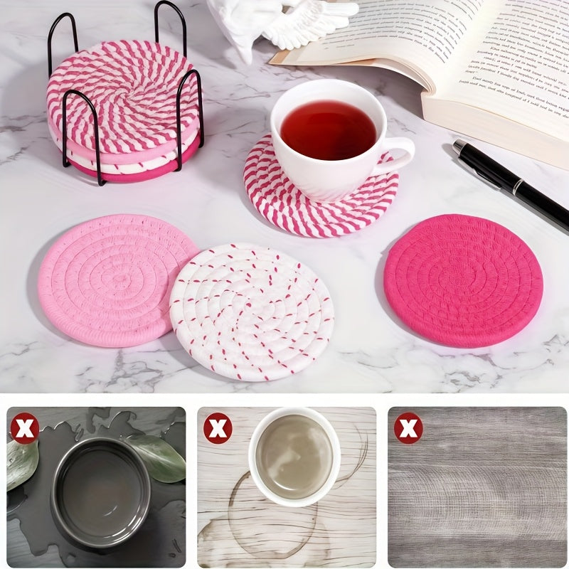 9pcs Braided Rope Coaster & Storage Rack - Heat-Resistant Fabric, Non-Slip Water-Absorbent Rustic Farmhouse Table Protectors with Multi-Color Rope Coasters Suitable for Dining Table,, Coffee Station Decor