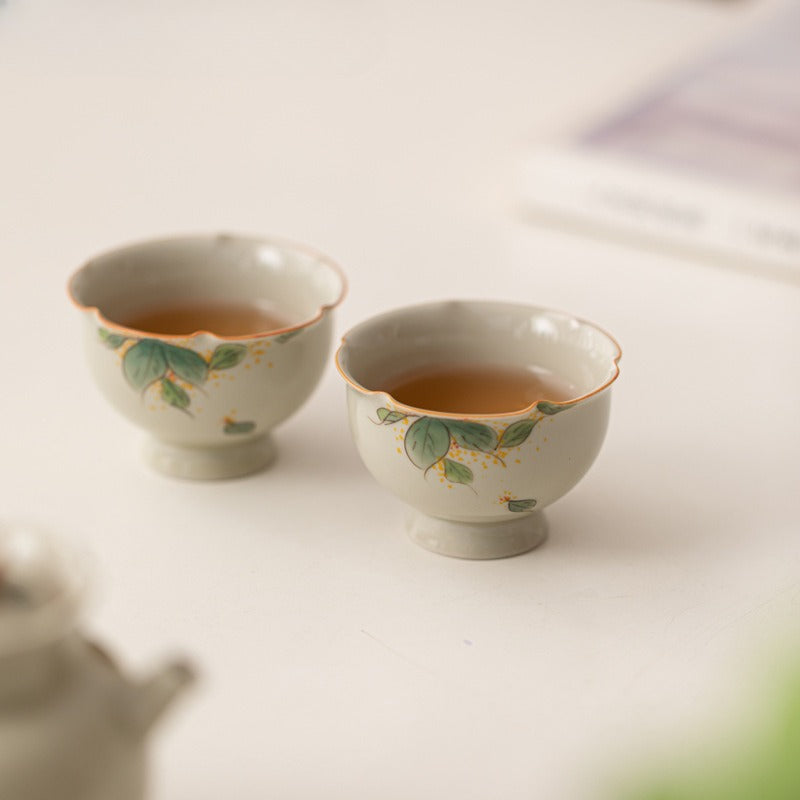 Hand Painted Osmanthus Ceramic Kung Fu Tea Set | One Pot, Two Cups, Storage Bag, Household Teapot, Teacup, Outdoor Quick Guest Cup Set, Portable