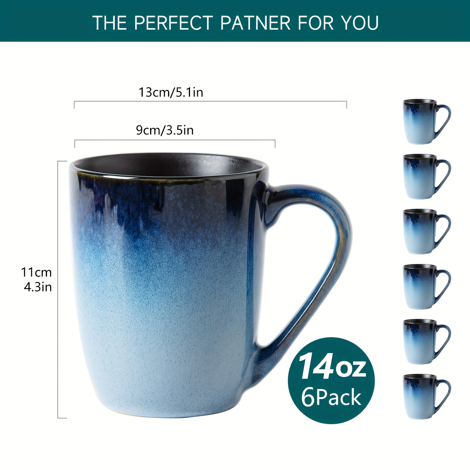 Set of 6 Gradient Blue Ceramic Mugs, Each with a Capacity of 14Oz. These Durable And Stain-Resistant Mugs Feature an Elegant And Unique Design, Making Them Perfect for Valentine'S Day, Parties, Weddings, And Various Other Events. Ideal for Coffee