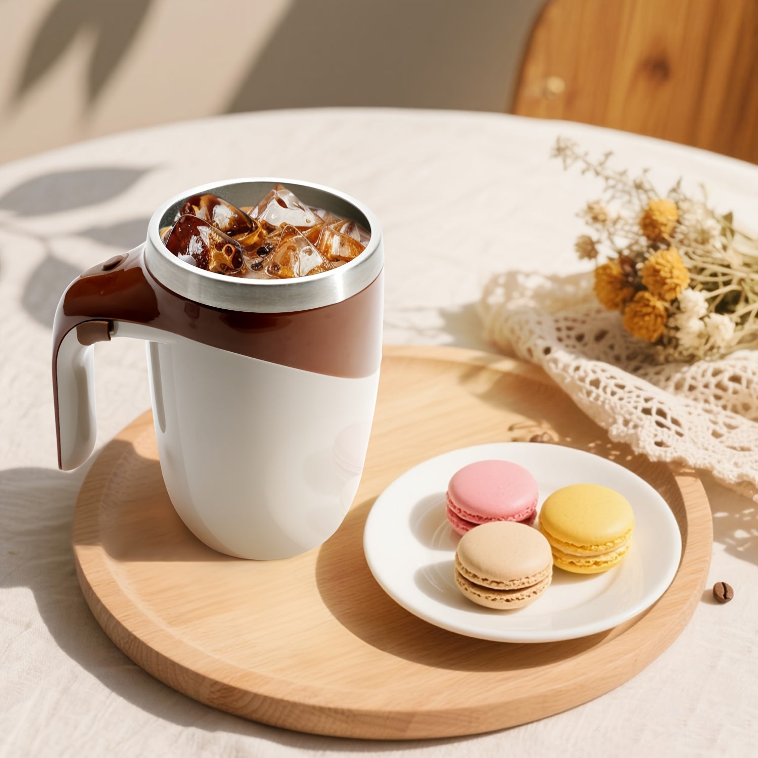 250ML Coffee Cup with Even Lid - Automatic Stirring, One-Button Start, Perfect for Coffee, Milk, Protein Powder - Brown And Cream Color, Reusable, Perfect Christmas Gift, Coffee Cup