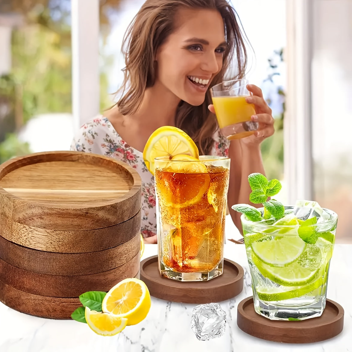 5pcs Absorbent Acacia Wood Coasters, Coffee Table\u002FDining Table Drink Coasters, Perfect for Farmhouse, Office, Bar Use & Christmas Home Decoration