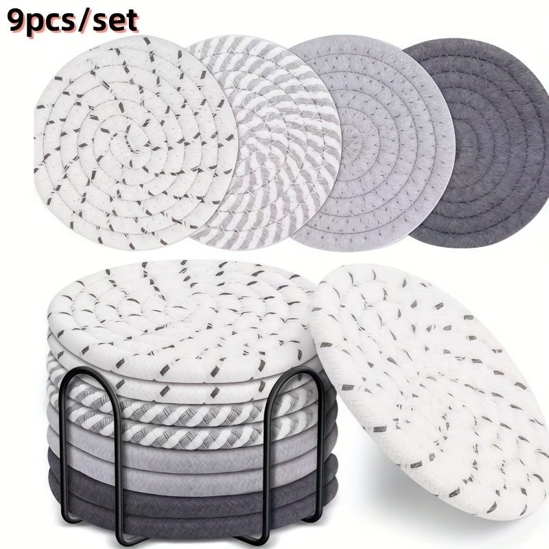 9pcs Braided Rope Coaster & Storage Rack - Heat-Resistant Fabric, Non-Slip Water-Absorbent Rustic Farmhouse Table Protectors with Multi-Color Rope Coasters Suitable for Dining Table,, Coffee Station Decor