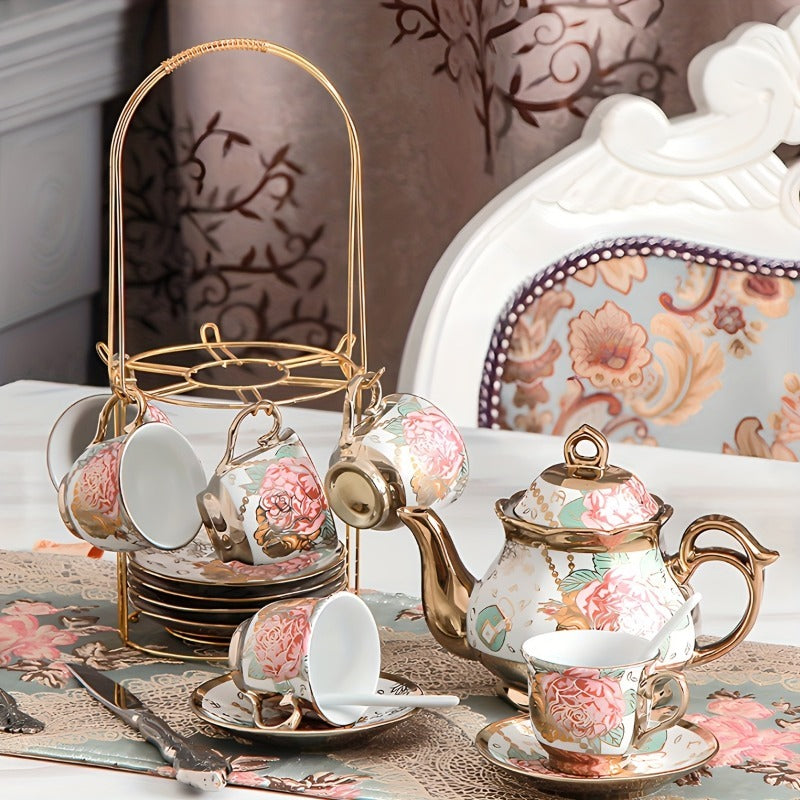 20pcs Porcelain Floral Espresso Tea Set | European Ceramic Turkish Coffee Cup and Saucers with Metal Holder and Teapot, Luxury Arabic Ceramic Tea Cups for Espresso, Cappuccino, Latte, Mocha | Ideal for Afternoon Tea and Gift, Brand: LDQ