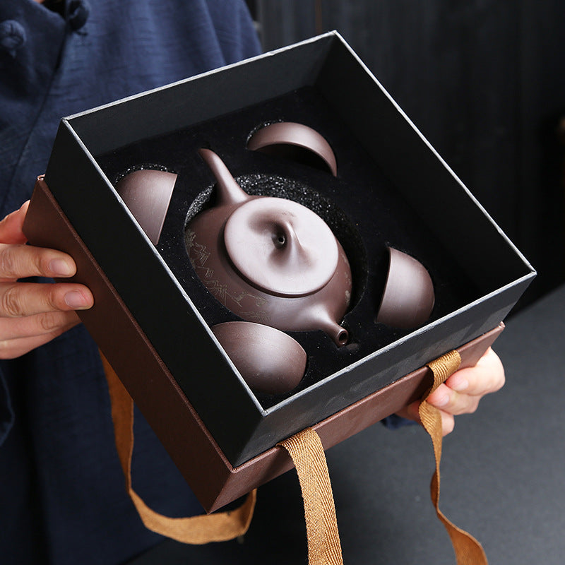 5pcs Chinese Purple Clay Tea Set Suitable for & Travel - Portable Leakproof & Teaware with Pot & 4 Cups, Traditional Clay Tea Service for Office, Gifts for, Birthdays, Business - Clay Teapot and Cups