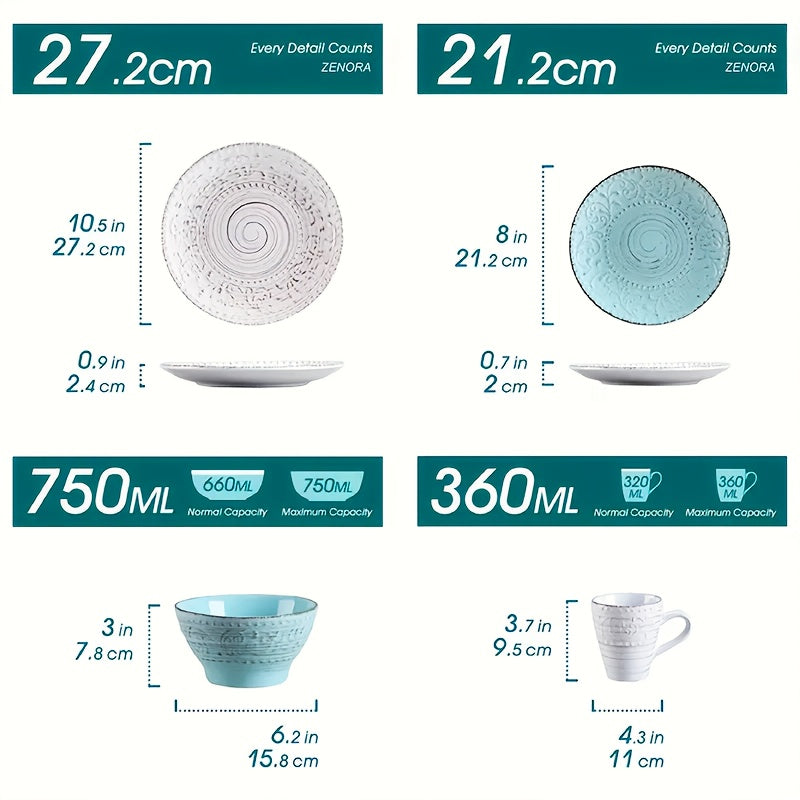 Zenora 16\u002F32pcs Ceramic Dinnerware Collection, Featuring Embossed Contemporary White Porcelain Plates And Bowls Suitable for Meals And Desserts. Safe for Microwave, Dishwasher, And Oven Use, This Durable Tableware Is Perfect for Home Kitchens