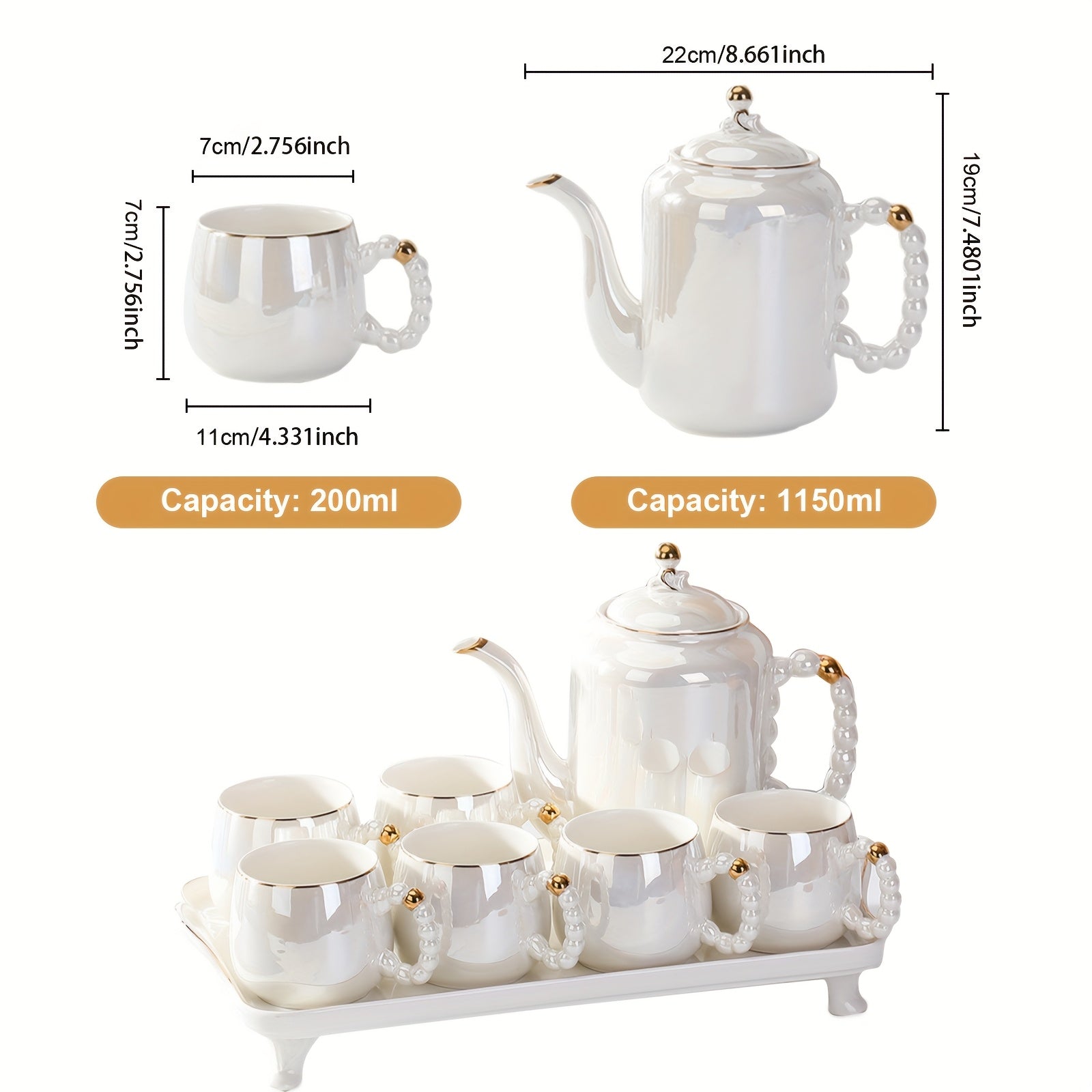 Full Porcelain Tea Service for Adults, Featuring a Pearl Handle Design, Includes 1 Covered Teapot, 6 Tea Cups, 1 Tea Tray, And Is Presented As a Tea Gift Set in White Pearl Color