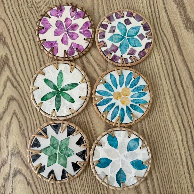 6pcs Handmade Resin Rattan Coasters Set - Heat-Resistant Shell & Mosaic-Effect Leaf\u002FRound\u002FStarfish Patterns, Polished Metal-Like Surface - Boho Tea Set Accessories, -Inspired Table Protectors (Hand Wash Only) - Ideal Gift for