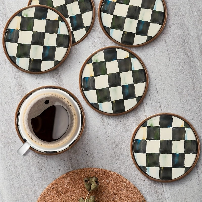 6 Round Wooden Coasters | Black and White Checkerboard Design, 2D Flat, 4 Inch, Coffee and Hot Drink Coasters, Kitchen Additions, Home Table Protectors, Best Housewarming Gift