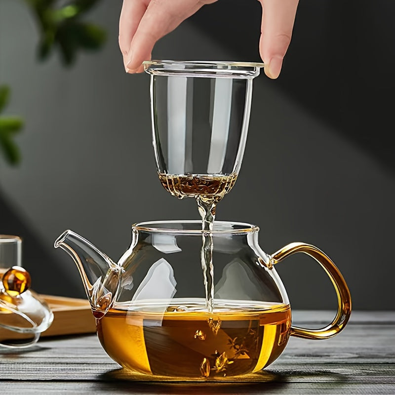 1pc Borosilicate Glass Teapot with Infuser - Transparent Electric Stovetop-Safe Tea Kettle, Round Lid & Ergonomic Handle for Loose Leaf Tea, Tea Water Separation, Modern Kitchen Essential, Glass Kettle for Stove, Sleek Brushed Finish, Durable Kitchenware