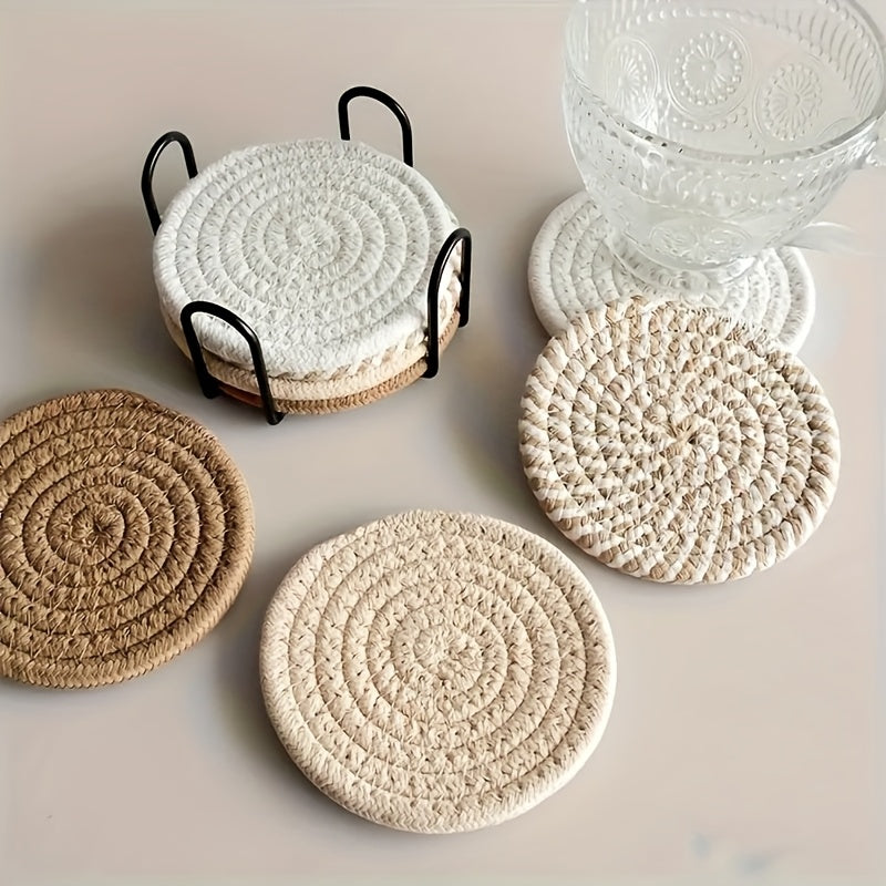 9pcs Braided Rope Coaster & Storage Rack - Heat-Resistant Fabric, Non-Slip Water-Absorbent Rustic Farmhouse Table Protectors with Multi-Color Rope Coasters Suitable for Dining Table,, Coffee Station Decor