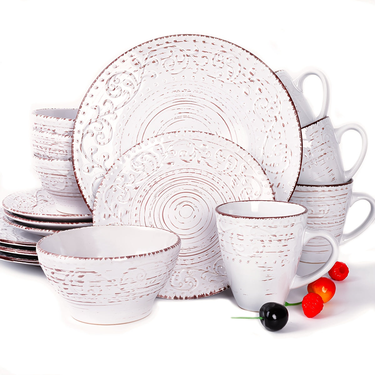 Zenora 16\u002F32pcs Ceramic Dinnerware Collection, Featuring Embossed Contemporary White Porcelain Plates And Bowls Suitable for Meals And Desserts. Safe for Microwave, Dishwasher, And Oven Use, This Durable Tableware Is Perfect for Home Kitchens