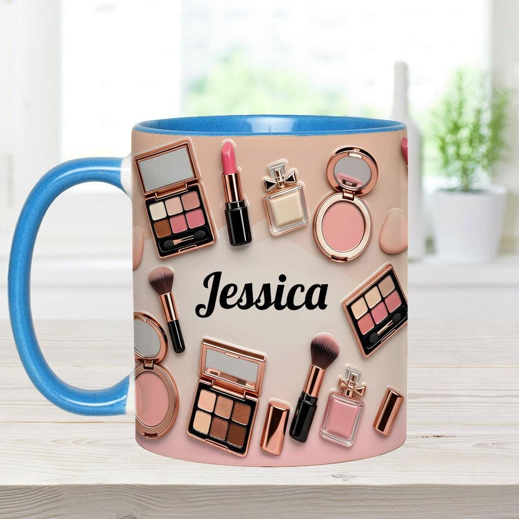 Personalized Makeup Artist 2D Accent Mug, MUA Accessories Cosmetics Ceramic Cup, Make-up Lover Coffee Mug, Gift for Her ipatumku00001