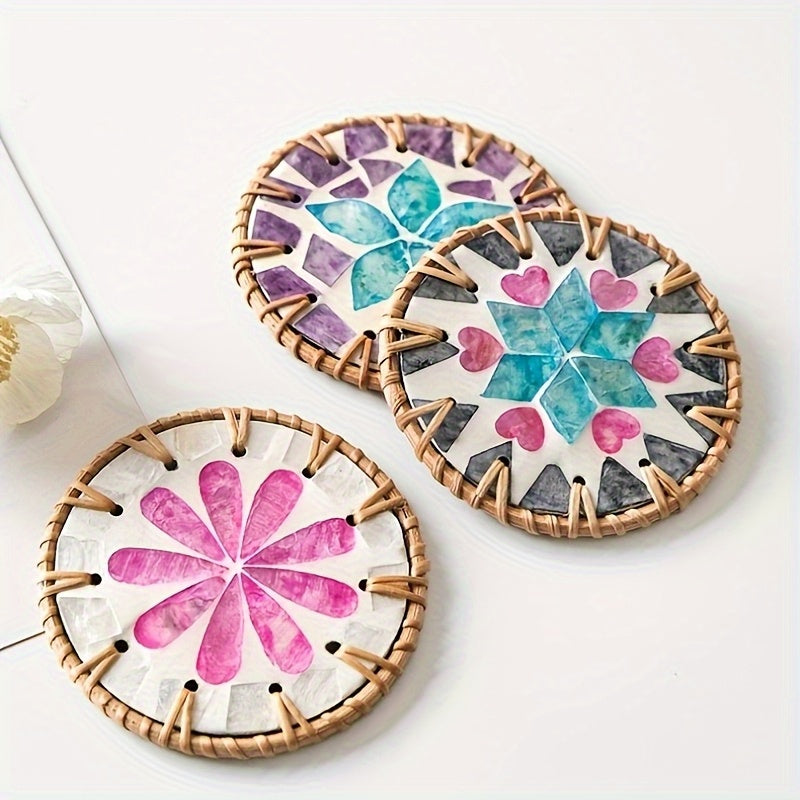 6pcs Handmade Resin Rattan Coasters Set - Heat-Resistant Shell & Mosaic-Effect Leaf\u002FRound\u002FStarfish Patterns, Polished Metal-Like Surface - Boho Tea Set Accessories, -Inspired Table Protectors (Hand Wash Only) - Ideal Gift for