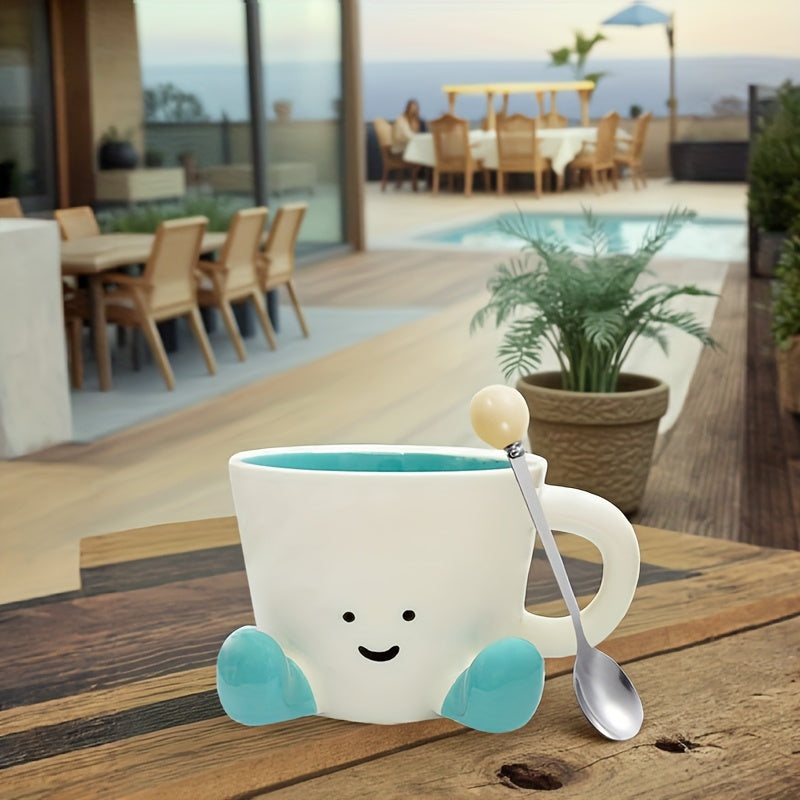 1pc 11.83oz Cute Little Feet Ceramic Cup with Spoon, Underglaze Cartoon Mug Water Cup Office Breakfast Cup, Suitable for Office, Home, Outdoor Picnic