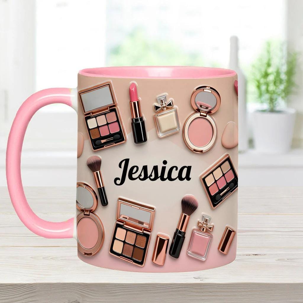 Personalized Makeup Artist 2D Accent Mug, MUA Accessories Cosmetics Ceramic Cup, Make-up Lover Coffee Mug, Gift for Her ipatumku00001