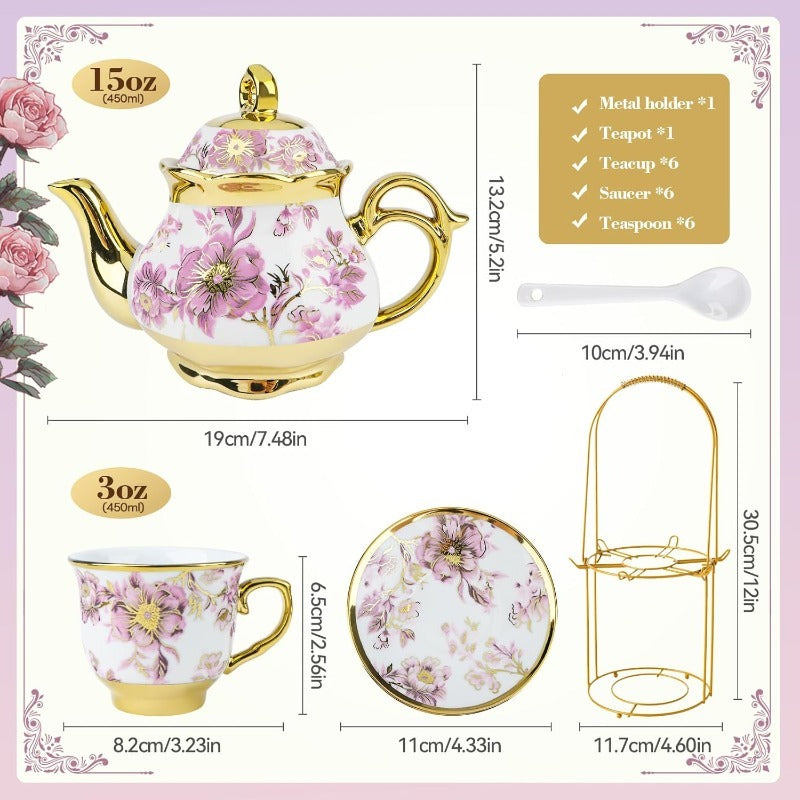 20pcs Porcelain Floral Espresso Tea Set | European Ceramic Turkish Coffee Cup and Saucers with Metal Holder and Teapot, Luxury Arabic Ceramic Tea Cups for Espresso, Cappuccino, Latte, Mocha | Ideal for Afternoon Tea and Gift, Brand: LDQ