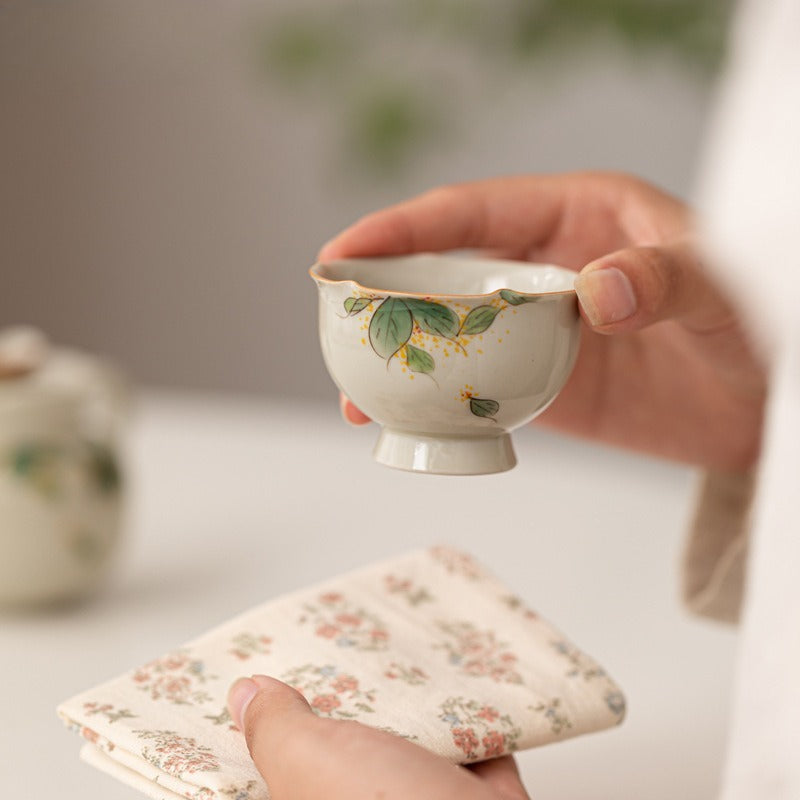 Hand Painted Osmanthus Ceramic Kung Fu Tea Set | One Pot, Two Cups, Storage Bag, Household Teapot, Teacup, Outdoor Quick Guest Cup Set, Portable