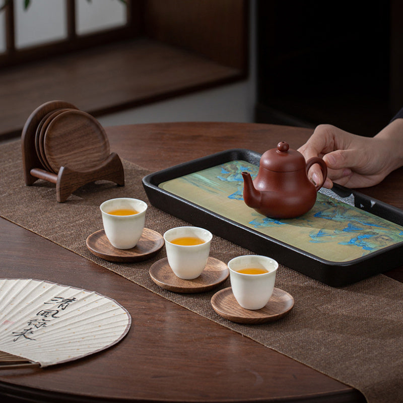 6 Black Walnut Tea Coaster Set with Stand, Heat-Resistant Coasters and Cup Holder, Japanese Tea Ceremony Accessories,  Minimalist Design, Elegant Accessories, Drinkware Set, Tea Lovers, Kitchenware Shoppers