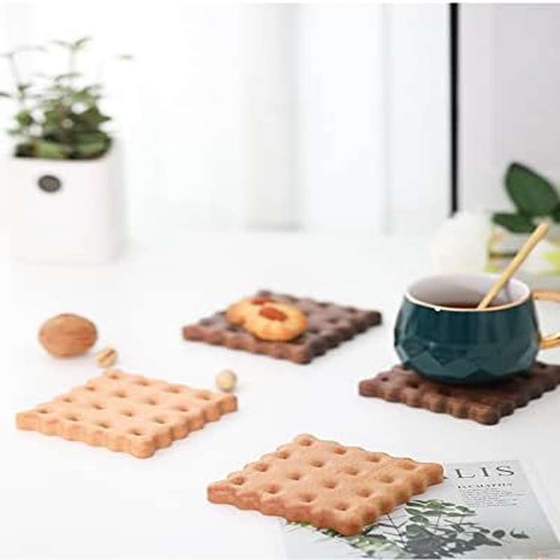 Wooden Biscuit Coaster Set (4pcs) - Beech*2, Black Walnut*2, Cute Cookie-Shaped, Coffee Heat Pad, Creative Gift Idea, Beverage Coaster, Kitchenware for Home Decor