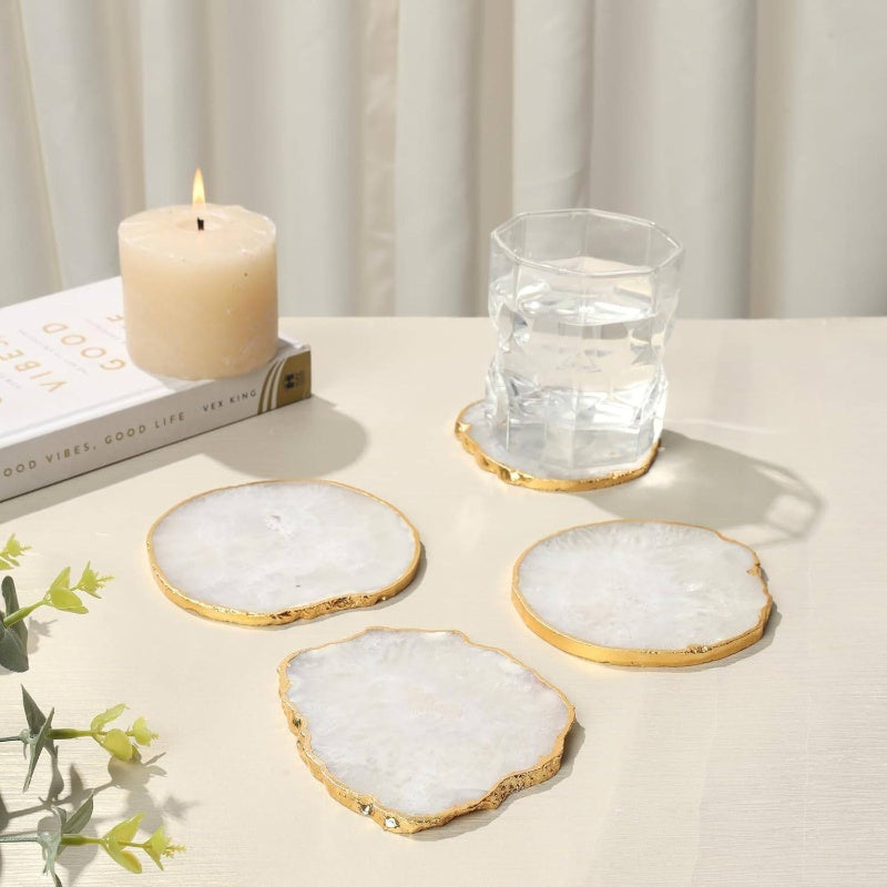Natural Sliced White Agate Stone Coasters with Golden - Set of 4 Round 5th Edition Coasters (4 Natural Slabs) - Mineral Deposit Natural Stone Drink Holders for Home Table Decor, & Heat-Resistant Suitable for Home Decor, Dining Table, Gifts