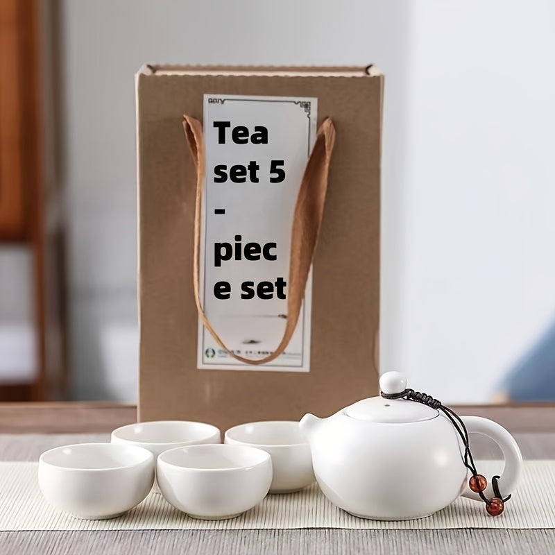 5pcs White Porcelain Travel Tea Set with Xishi Pot & 4 Cups - Portable Tea Service for Outdoor, Tea Parties, Camping, Picnics - Elegant Mini Tea Ceremony Kit, Compact Tea Gift Set for Tea Lovers & Chinese Tea Culture Enthus