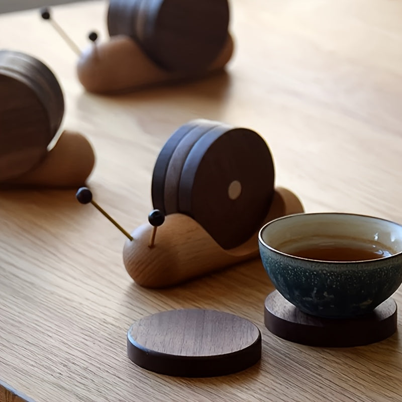 Snail-Themed Coaster Made from Natural Hardwood, Designed to Withstand Heat. A Creative Mat for Coffee And Tea Cups That Is Resistant to High Temperatures