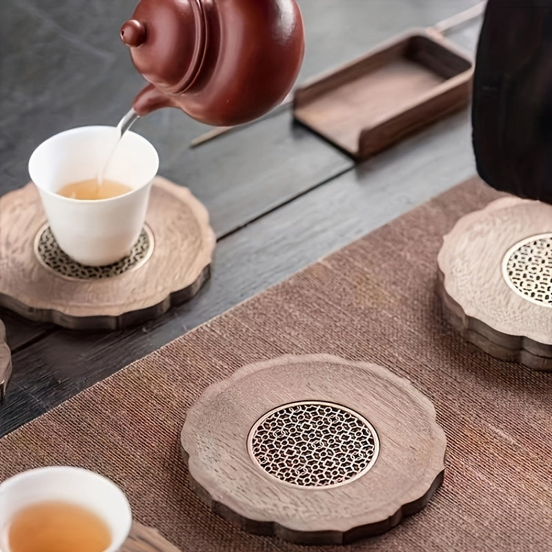 3pcs Elegant Japanese for Lotus Solid Wood Coaster - Durable, Aesthetic Tea & Coffee Cup Mat with Embossed Design | Perfect for Home Decor, Kitchen Use and Holiday Gifts, Heat-Resistant Non-Slip Base, Ideal for Lotus for home Decoration