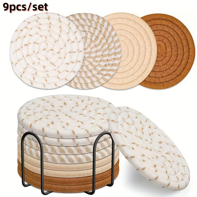 9pcs Braided Rope Coaster & Storage Rack - Heat-Resistant Fabric, Non-Slip Water-Absorbent Rustic Farmhouse Table Protectors with Multi-Color Rope Coasters Suitable for Dining Table,, Coffee Station Decor