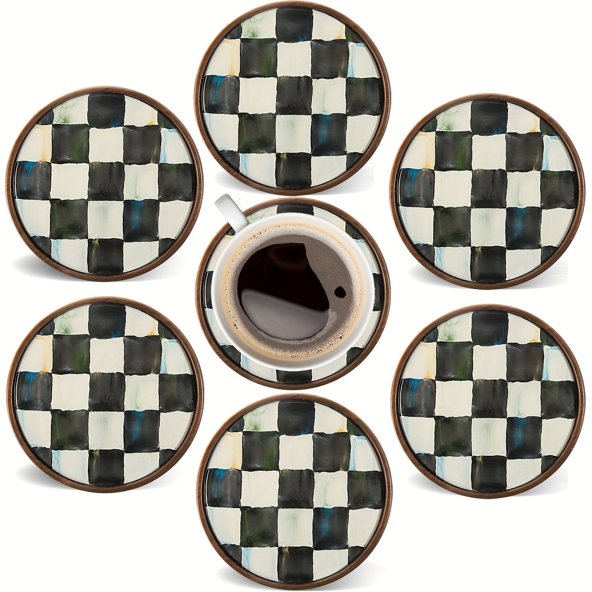 6 Round Wooden Coasters | Black and White Checkerboard Design, 2D Flat, 4 Inch, Coffee and Hot Drink Coasters, Kitchen Additions, Home Table Protectors, Best Housewarming Gift