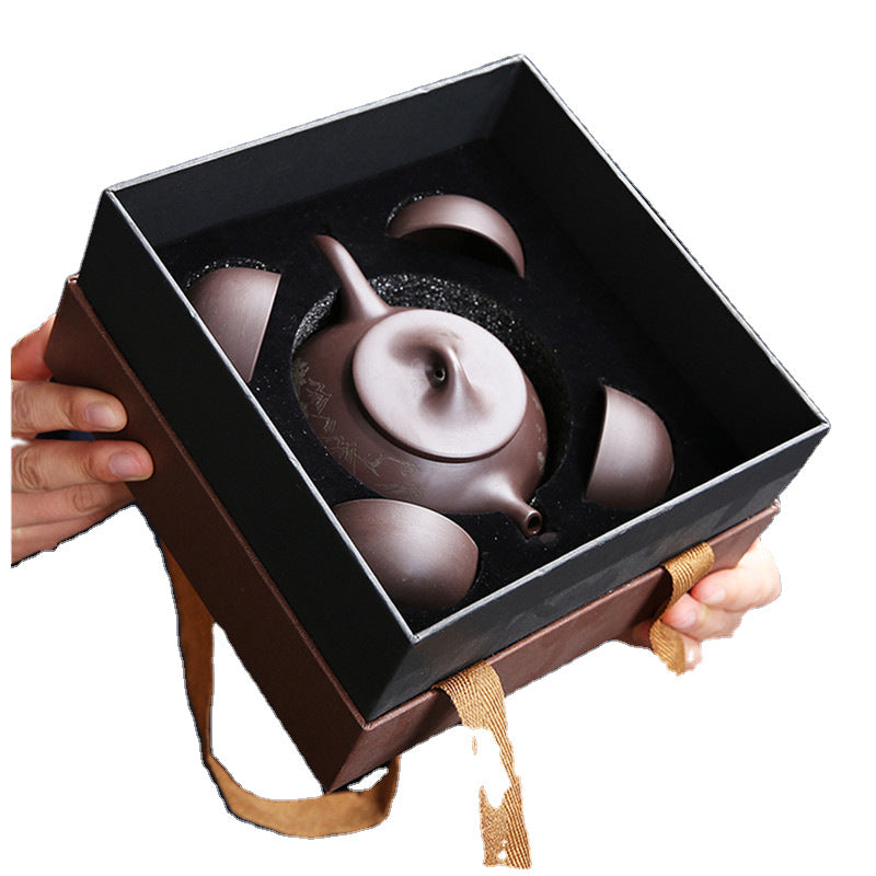 5pcs Chinese Purple Clay Tea Set Suitable for & Travel - Portable Leakproof & Teaware with Pot & 4 Cups, Traditional Clay Tea Service for Office, Gifts for, Birthdays, Business - Clay Teapot and Cups