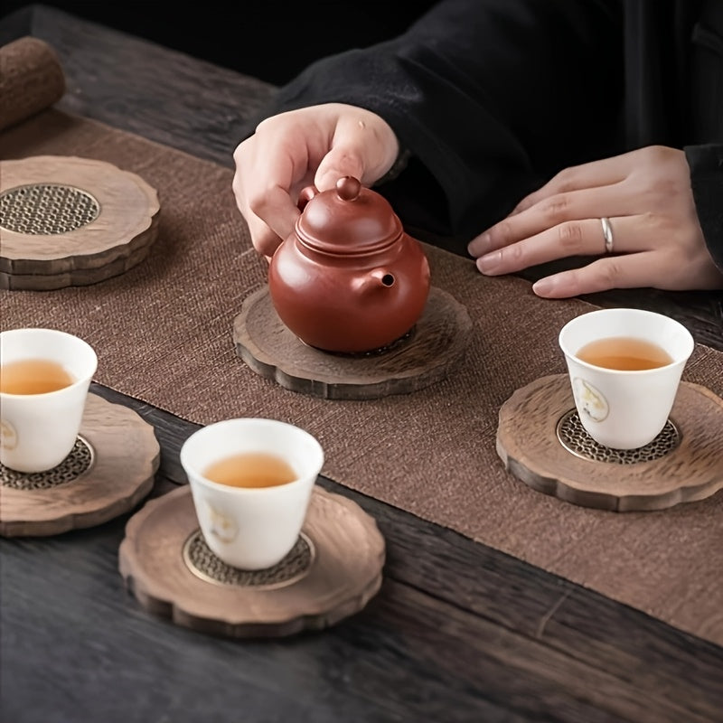 3pcs Elegant Japanese for Lotus Solid Wood Coaster - Durable, Aesthetic Tea & Coffee Cup Mat with Embossed Design | Perfect for Home Decor, Kitchen Use and Holiday Gifts, Heat-Resistant Non-Slip Base, Ideal for Lotus for home Decoration
