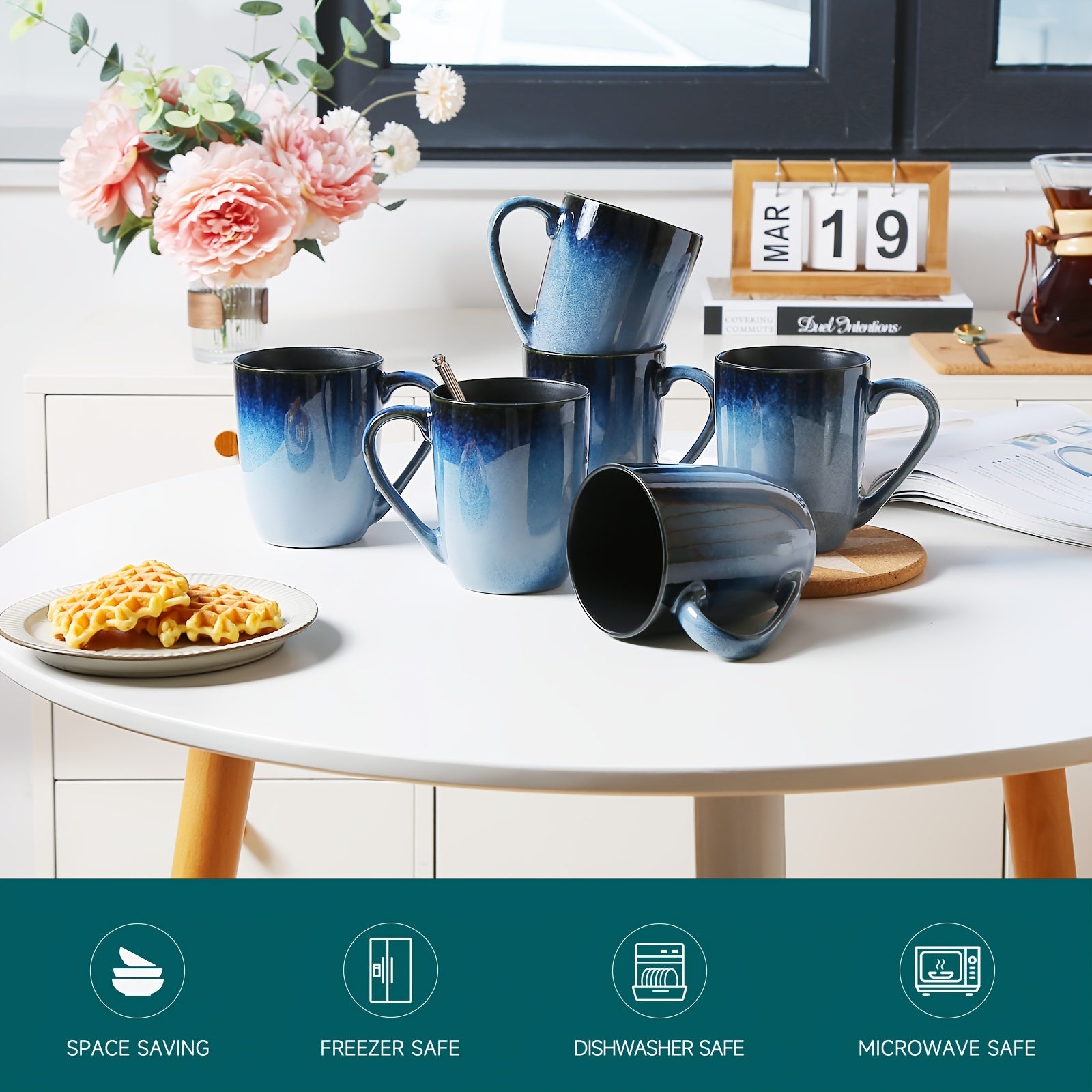 Set of 6 Gradient Blue Ceramic Mugs, Each with a Capacity of 14Oz. These Durable And Stain-Resistant Mugs Feature an Elegant And Unique Design, Making Them Perfect for Valentine'S Day, Parties, Weddings, And Various Other Events. Ideal for Coffee