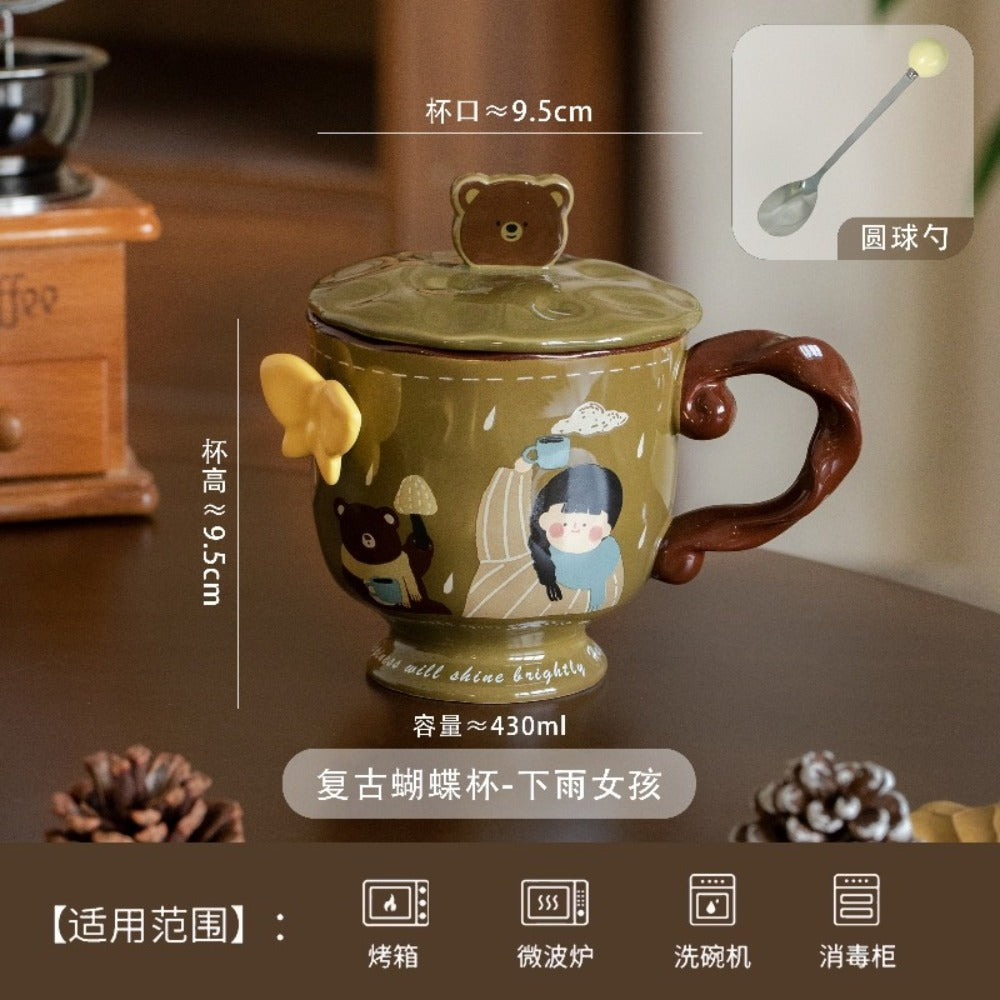 Vintage Butterfly Mug Coffee Cup with Lid Household Female New 2026 High-Value Breakfast Cup Ceramic