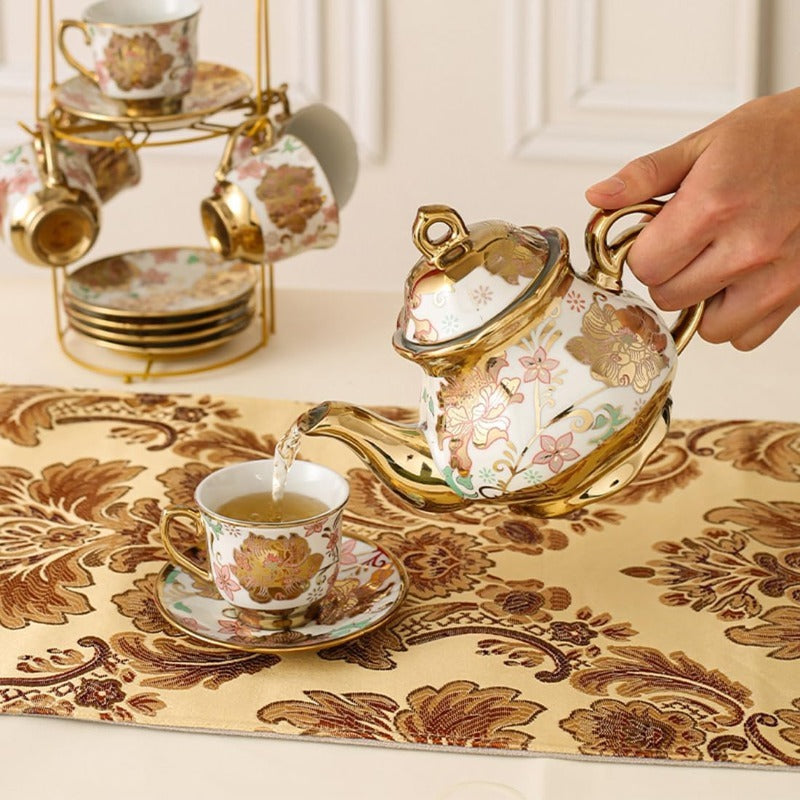 20pcs Porcelain Floral Espresso Tea Set | European Ceramic Turkish Coffee Cup and Saucers with Metal Holder and Teapot, Luxury Arabic Ceramic Tea Cups for Espresso, Cappuccino, Latte, Mocha | Ideal for Afternoon Tea and Gift, Brand: LDQ