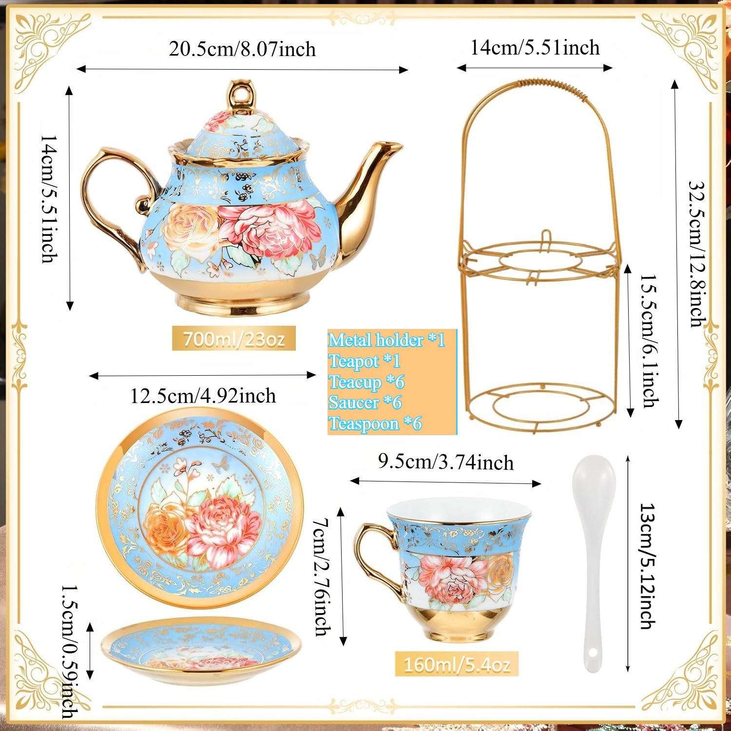 20pcs Porcelain Floral Espresso Tea Set | European Ceramic Turkish Coffee Cup and Saucers with Metal Holder and Teapot, Luxury Arabic Ceramic Tea Cups for Espresso, Cappuccino, Latte, Mocha | Ideal for Afternoon Tea and Gift, Brand: LDQ