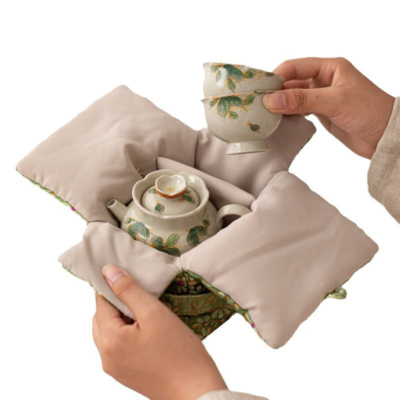 Hand Painted Osmanthus Ceramic Kung Fu Tea Set | One Pot, Two Cups, Storage Bag, Household Teapot, Teacup, Outdoor Quick Guest Cup Set, Portable