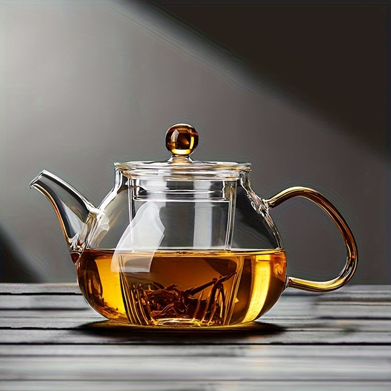 1pc Borosilicate Glass Teapot with Infuser - Transparent Electric Stovetop-Safe Tea Kettle, Round Lid & Ergonomic Handle for Loose Leaf Tea, Tea Water Separation, Modern Kitchen Essential, Glass Kettle for Stove, Sleek Brushed Finish, Durable Kitchenware